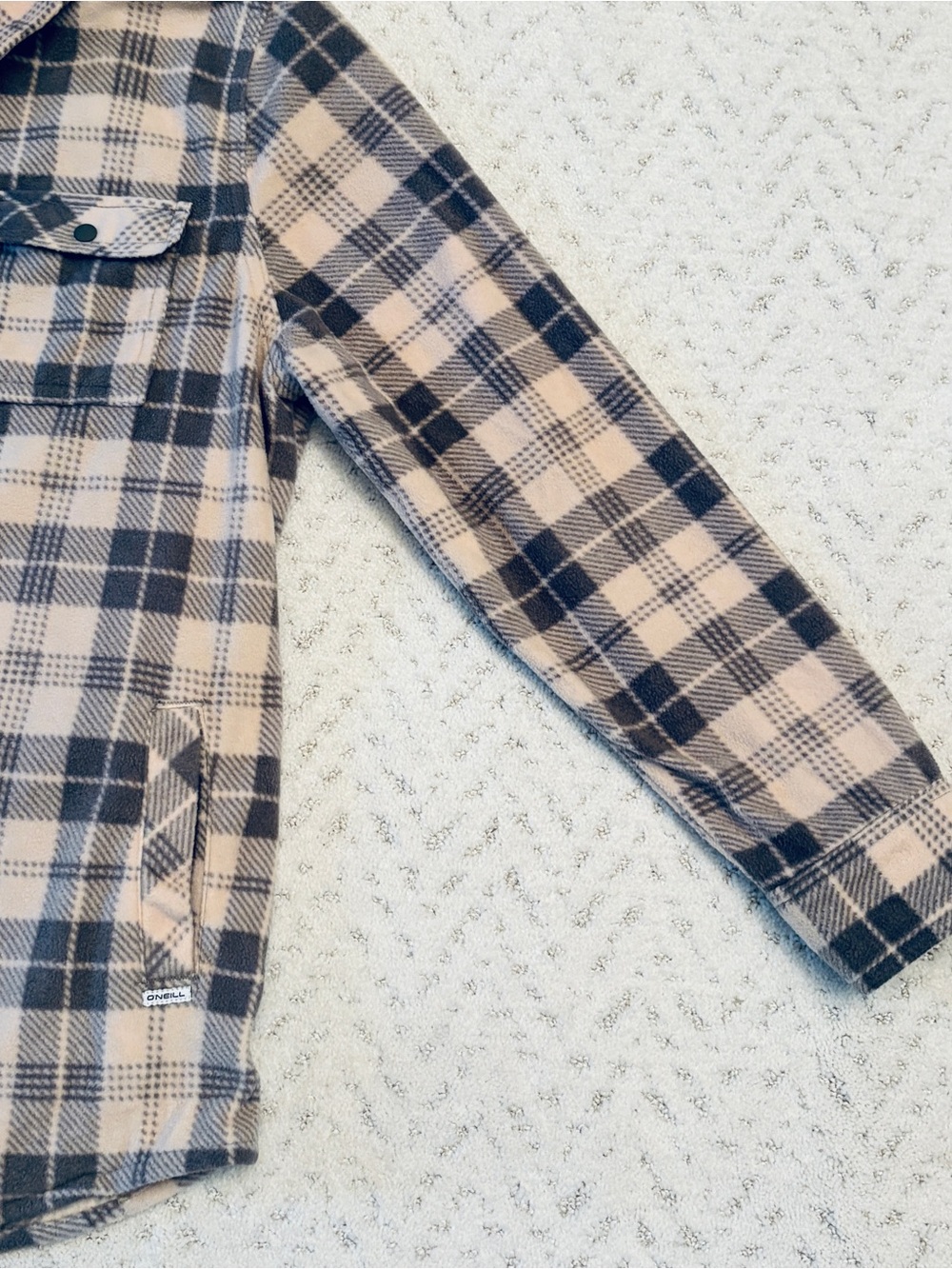 ONeill Soft Fleece Plaid Long Sleeve Snap Shirt Womens Large Pink Grey Pockets - Picture 10 of 13